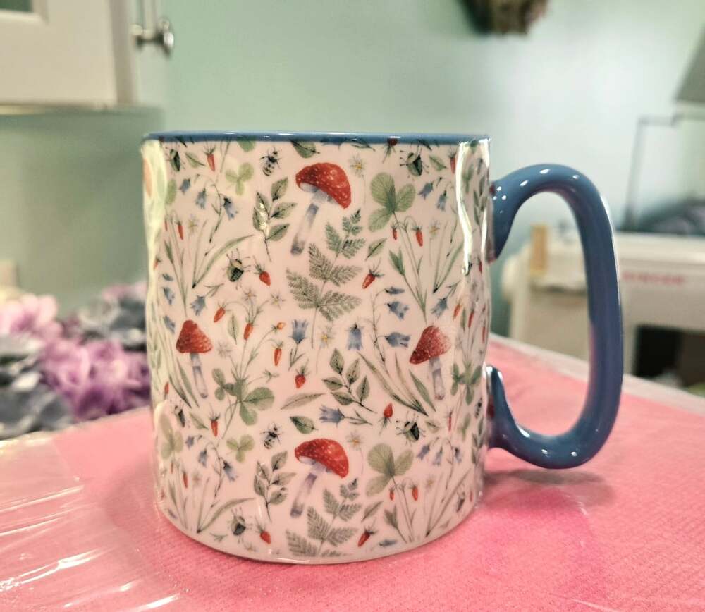 10 Strawberry Street Red Mushrooms Garden and Insects Ceramic Coffee Mug